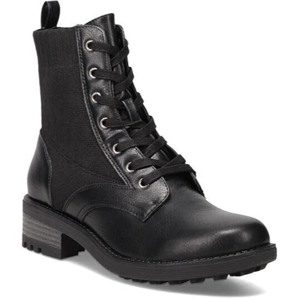 New In Box LifeStride Black Knit Knockout Lace-Up Inside Zip Combat Boots Sz 7W